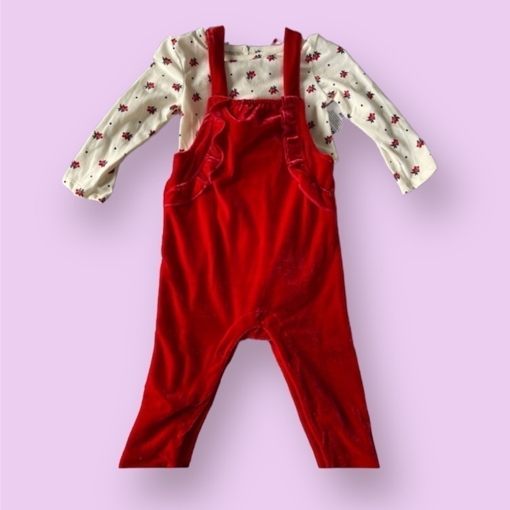 Baby Girl Onesie with Matching Overalls Set- Red & White